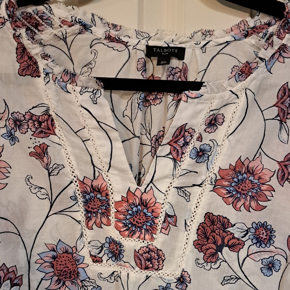 Talbots Floral Embroidered Blouse - White and Pink